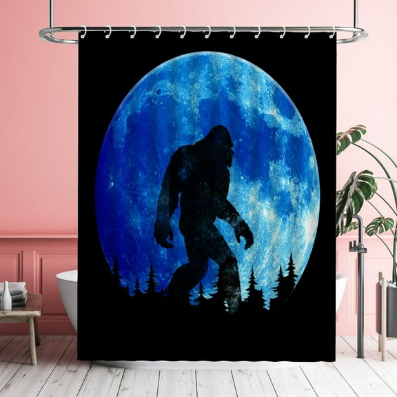 Bigfoot Shower Curtains Blue Bigfoot Waterproof Bathroom Curtains with Hooks, Unique Blue Moonlit Night Bigfoot Themed Bathroom Decor