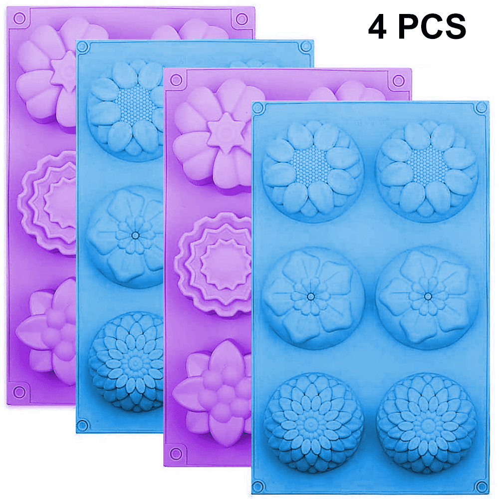 DIY Handmade Soap Trays FineGood Flower-Shaped Pans for Making Jelly Pudding Cookies Chocolate 6-Cavity Pink 3 Pcs Cake Muffin Mooncake Silicone Molds Blue Purple 