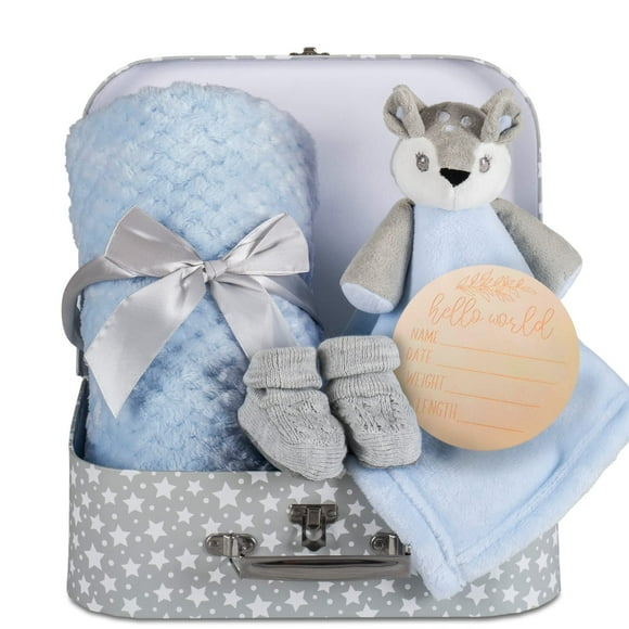 Baby Boy Gift Set New Born Baby Gift Baby Blue Deer Fawn Security Blanket Soft Fleece Suitcase Keepsake Box Blanket Booties & Baby Gift Basket - Unique Present for Baby Shower & Newborn Lovey Welcome