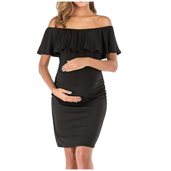Women's Short Sleeve Maternity Dress Solid Color Ruched Pregnancy Clothes Black M