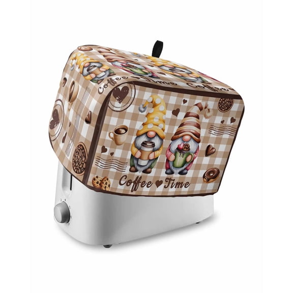 Farmhouse Coffee Time Toaster Cover 2 Slice, Small Kitchen Appliance Covers, Vintage Gnomes Desserts Khaki Plaid Toaster Oven Cover with Loop, Bread Machine Cover Polyester Dust Cover Protection