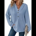 thumbnail image 3 of Sudadera con Capucha para Mujer, de Punto Gofre, Larga, Cordón Ajustable, Botones, Cuello en V, Informal, Tipo Jersey, con Capucha Azul L, 3 of 8