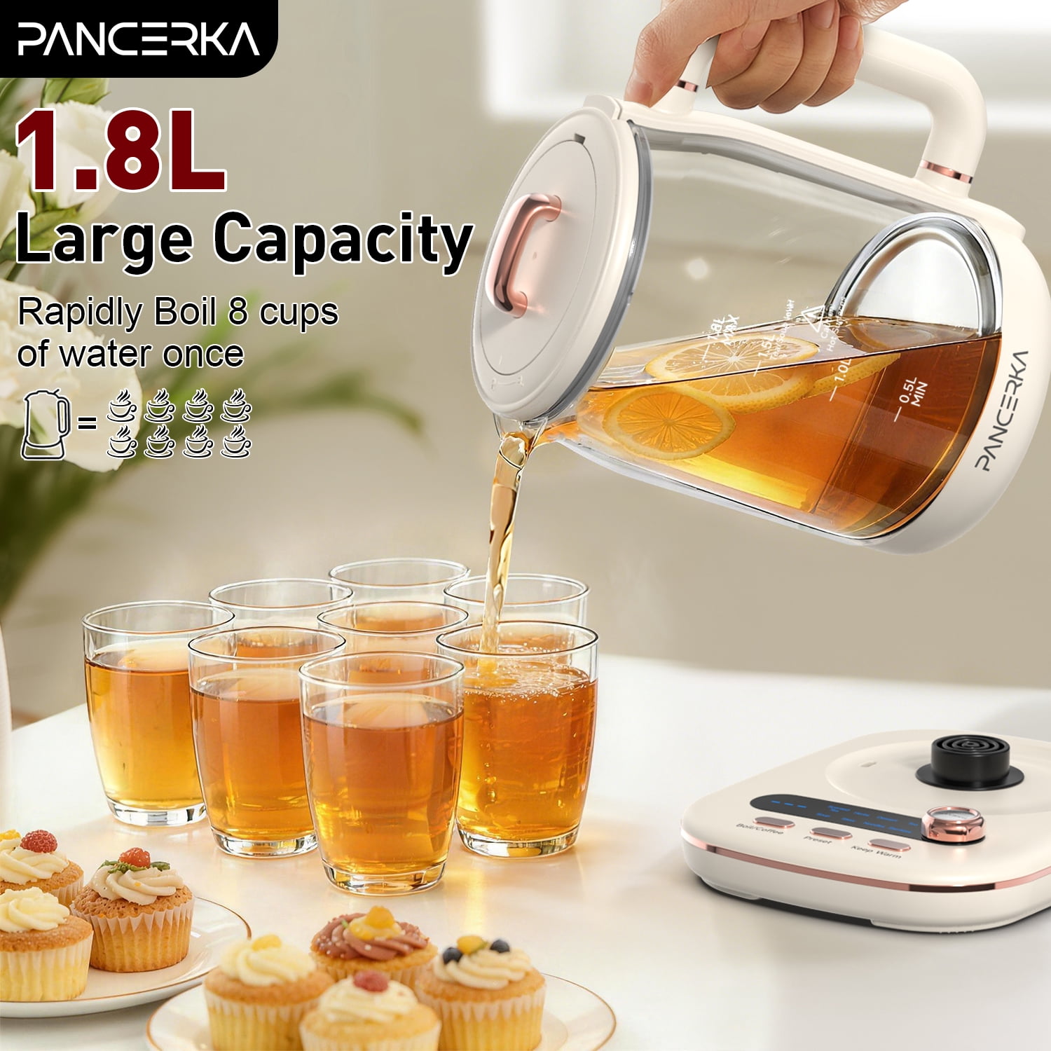 PANCERKA Health Pot, 1.8L/60.87Oz Electric Immersion Kettle, Electric Kettle Tea Maker With Infuser, Multifunctional Health Kettle, Reinforced Glass Kettle, Detachable Filter, Versatile Kettle, Glass