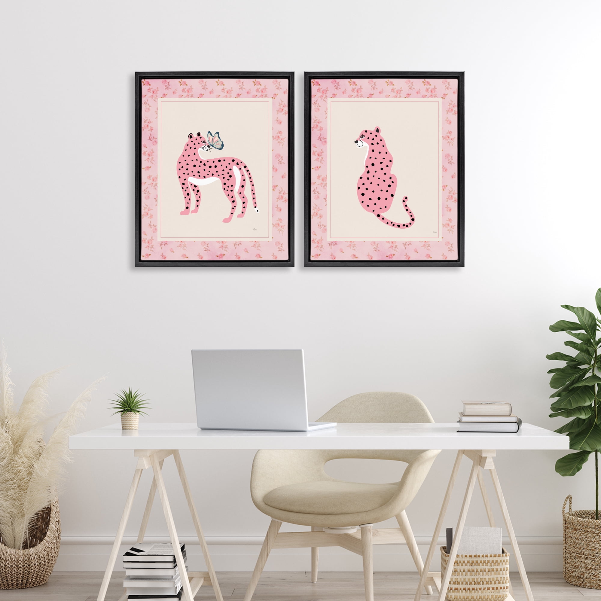 Stupell Industries Pink Leopard & Floral Border 2 Piece Black Framed Floater Canvas Set, design by Natalie Carpentieri