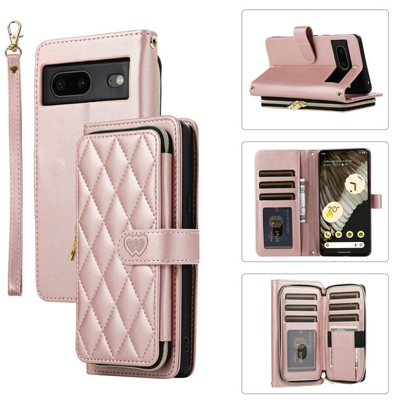 TECH CIRCLE Wallet Case For Google Pixel 6a,PU Leather Magnetic Flip Folio Purse Case with Card Slots Holder Shoulder Strap Wristlet Girl Women Case for Google Pixel 6A 5G 6.1" 2022,Rosegold