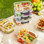 8 Pcs Glass Food Storage Containers with Lids, 2 & 3 Compartment Glass Airtight Meal Prep Containers (4 Containers & 4 Lids), Oven & Freezer Safe, Leak Proof - Grey
