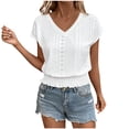 thumbnail image 2 of LEKWK Eyelet Tops for Women V Neck Short Sleeve Casual Summer Shirts Fashion Smocked Waist Solid Crop Top Beach Vacation Going Out Outfits, 2 of 5