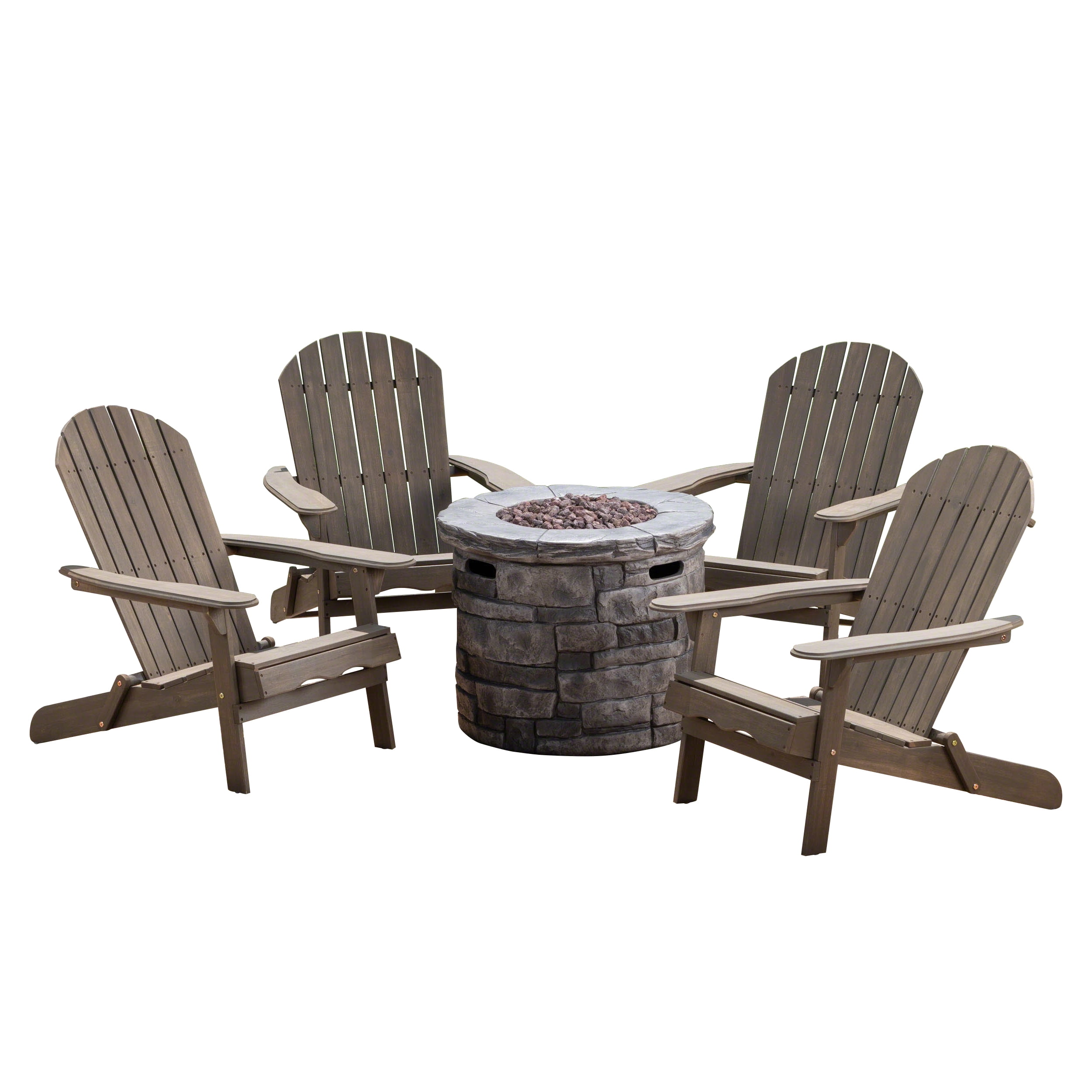 Royalty Outdoor 5 Piece Acacia Wood Adirondack Chair Set with Light Weight Concrete Fire Pit, Grey, Grey
