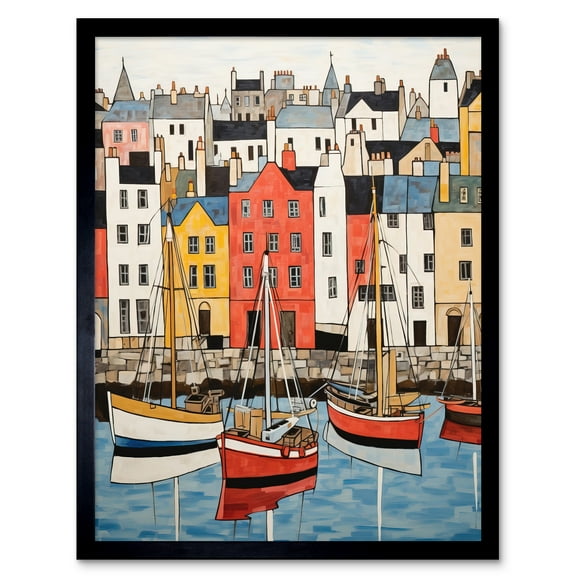 Colourful Town Harbour Acrylic Painting Red Yellow Blue Fishing Boats Coastal Townscape Art Print Framed Poster Wall Decor 12x16 inch