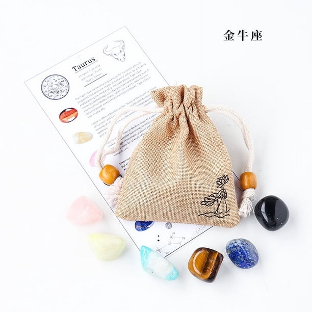Granjero Gordo 1 juego de piedra cruda de cristal natural, juego de bolsas de tela con doce signos del zodíaco, espécimen mineral de cristal de bricolaje Tauro para Aries,