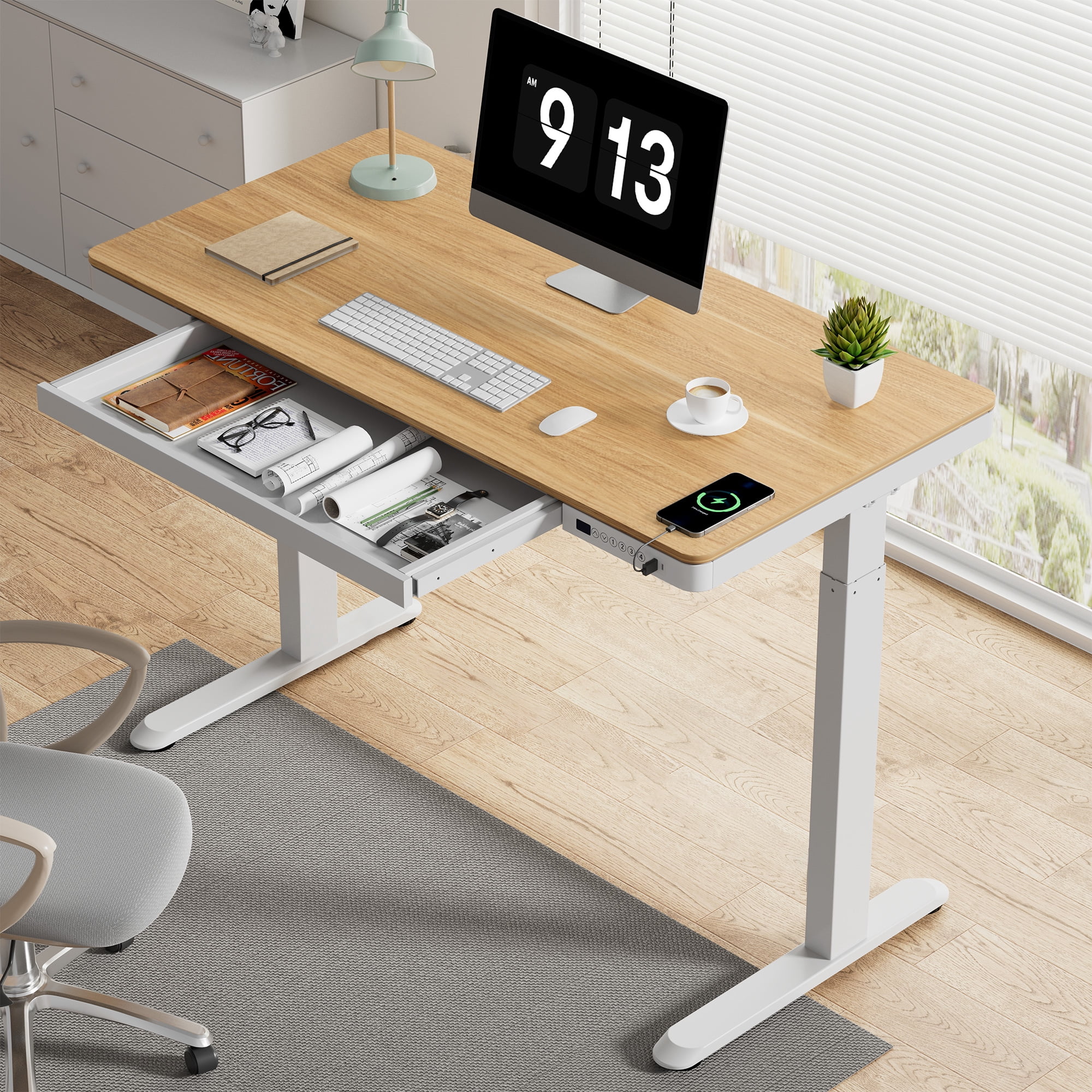 FLEXISPOT 48" W Home Office Height Adjustable Standing Desk White and Maple with USB Charge Ports and Embedded Drawer