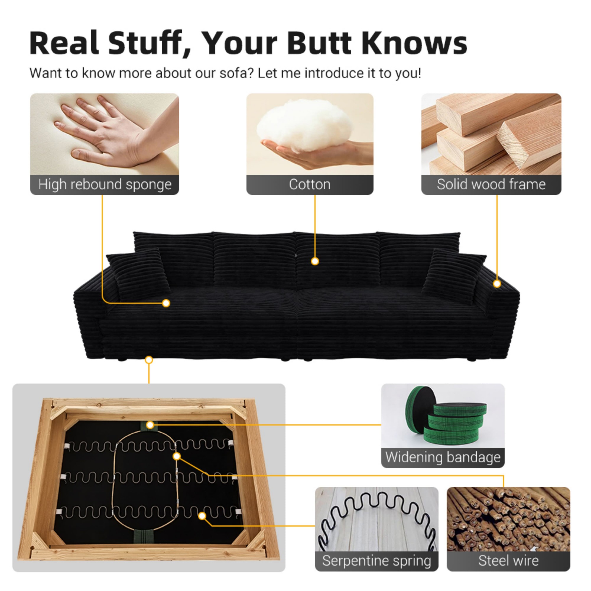 102.4 " Modern Sectional Sofa Couch,Convertible Sofa Plush Corduroy 4-Seat Upholstered Sofa with Soft Pillows for Living Room Bedroom,Black