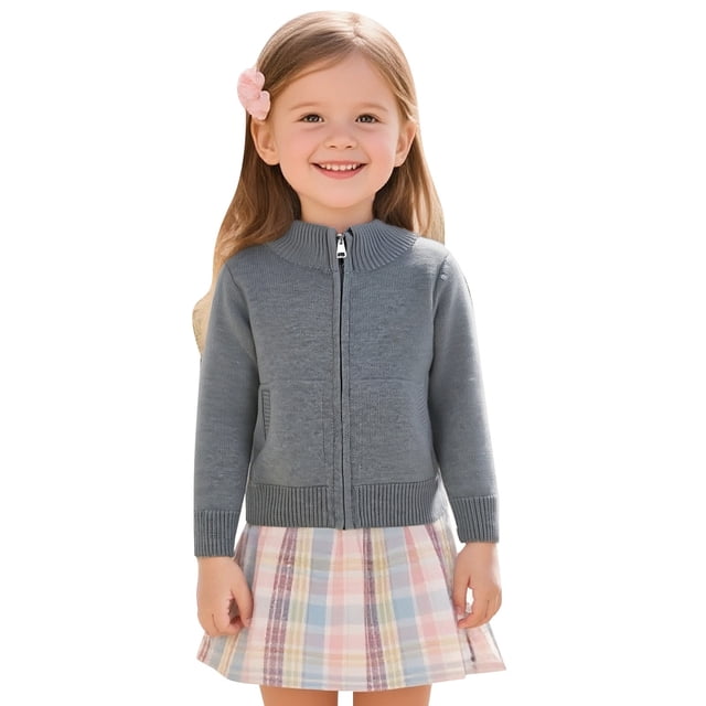 Classic Solid Color Zip Front Knit Cardigan Sweater Girls With Pockets Comfortable Casual Outerwear Jacket Kids