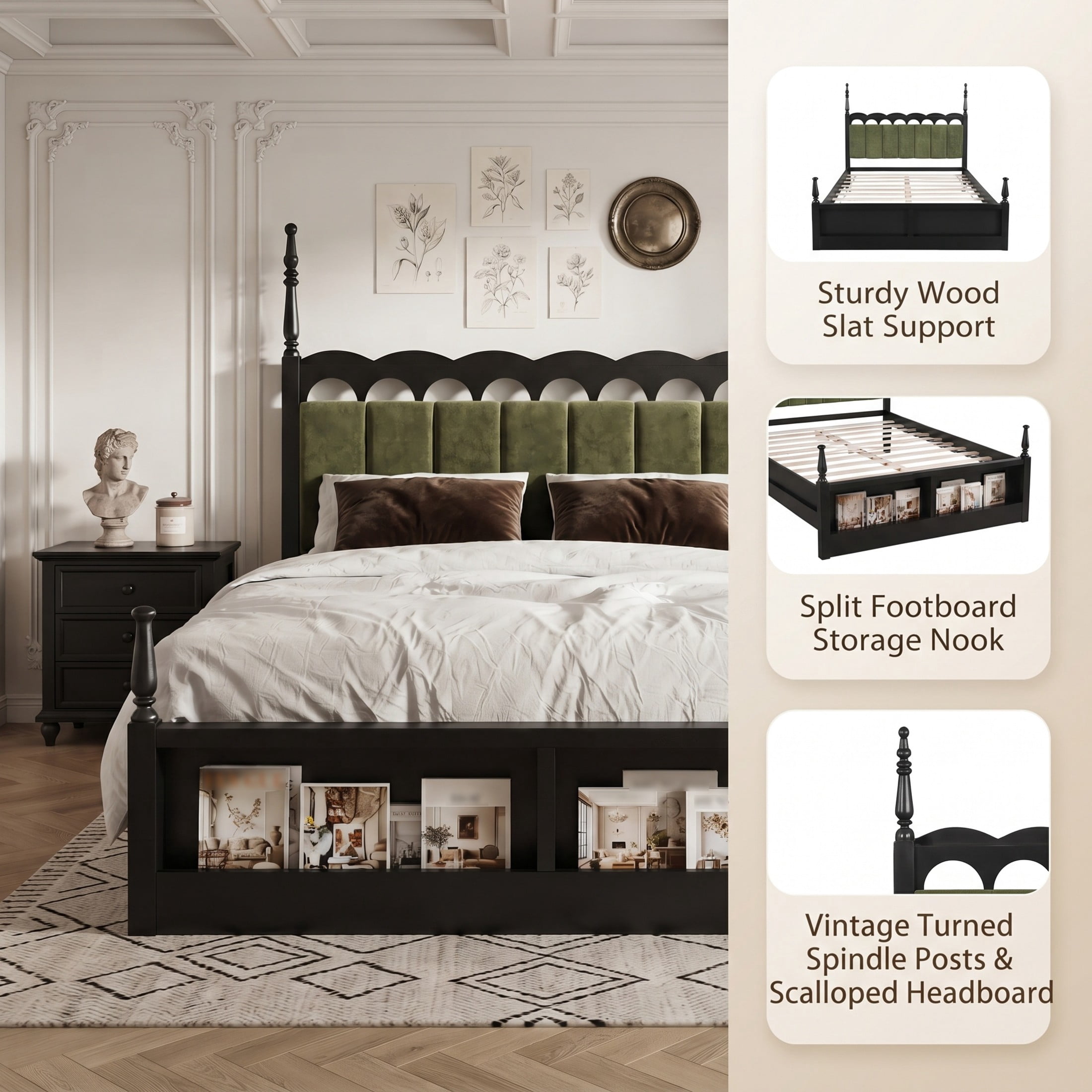 Christopher Knight Home Queen Wood Bed Frame with Scalloped Tufted Chenille Headboard, Black+Green