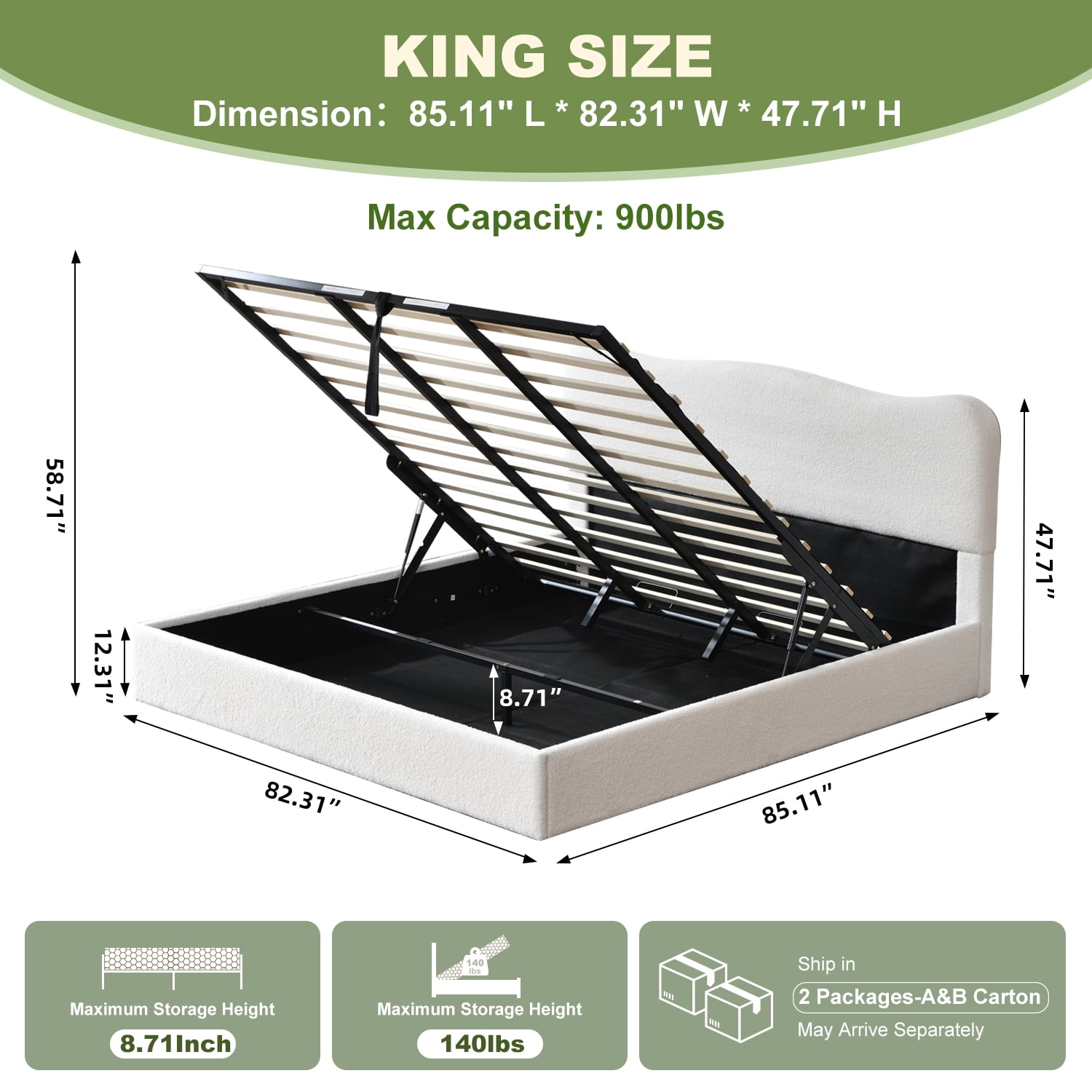 King Size Bed Frame with Lift Up Storage, Boucle Upholstered Platform Bed with Curved Headboard, No Box Spring Needed, Hydraulic Storage, White