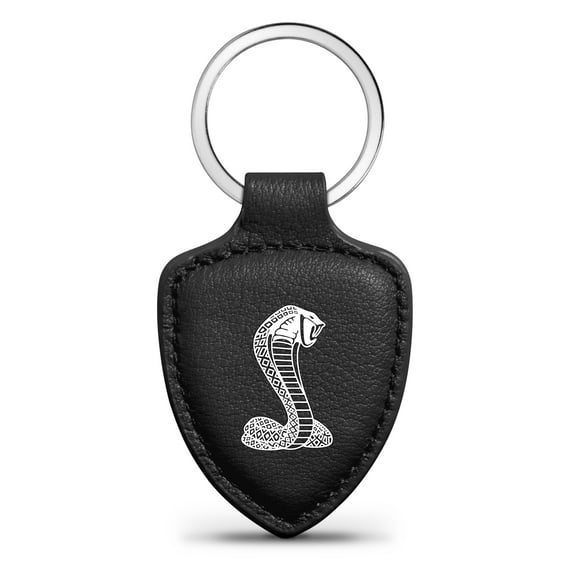 iPick Image for Ford Mustang Cobra Black Real Leather Shield-Style Key Chain, Official Licensed