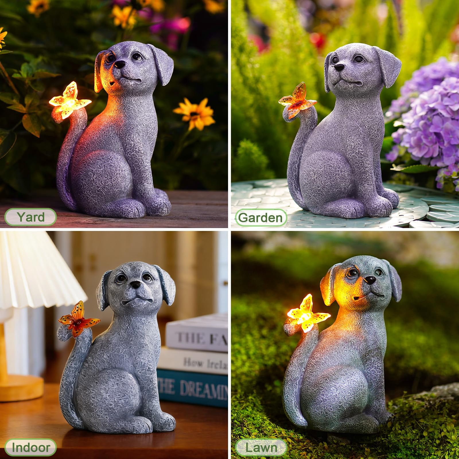 Solar Dog Outdoor Statues For Garden: Outside Decor With Butterfly Clearance Yard Art Lawn Ornaments Patio Balcony Home House Mom Grandma Women