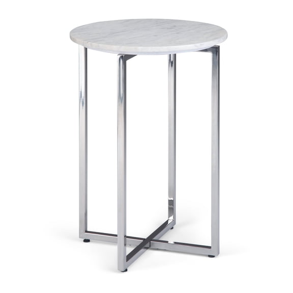 Simpli Home Marsden 18 inch Wide Modern Side Table with Polished Stainless Steel Base in White, Silver