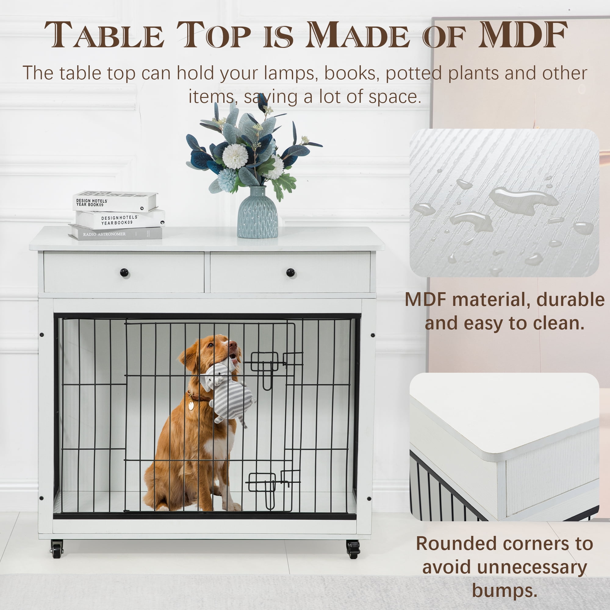 Pefilos 38" Wooden Dog Crate Furniture, Dog Kennel with Drawer, Indoor Dog House for Large Dog, Steel-Wire Dog Cage, Chew-Proof, White Pefilos 38" Wooden Dog Crate Furniture, Dog Kennel with Drawer, Indoor Dog House for Large Dog, Steel-Wire Dog Cage, Chew-Proof, White
