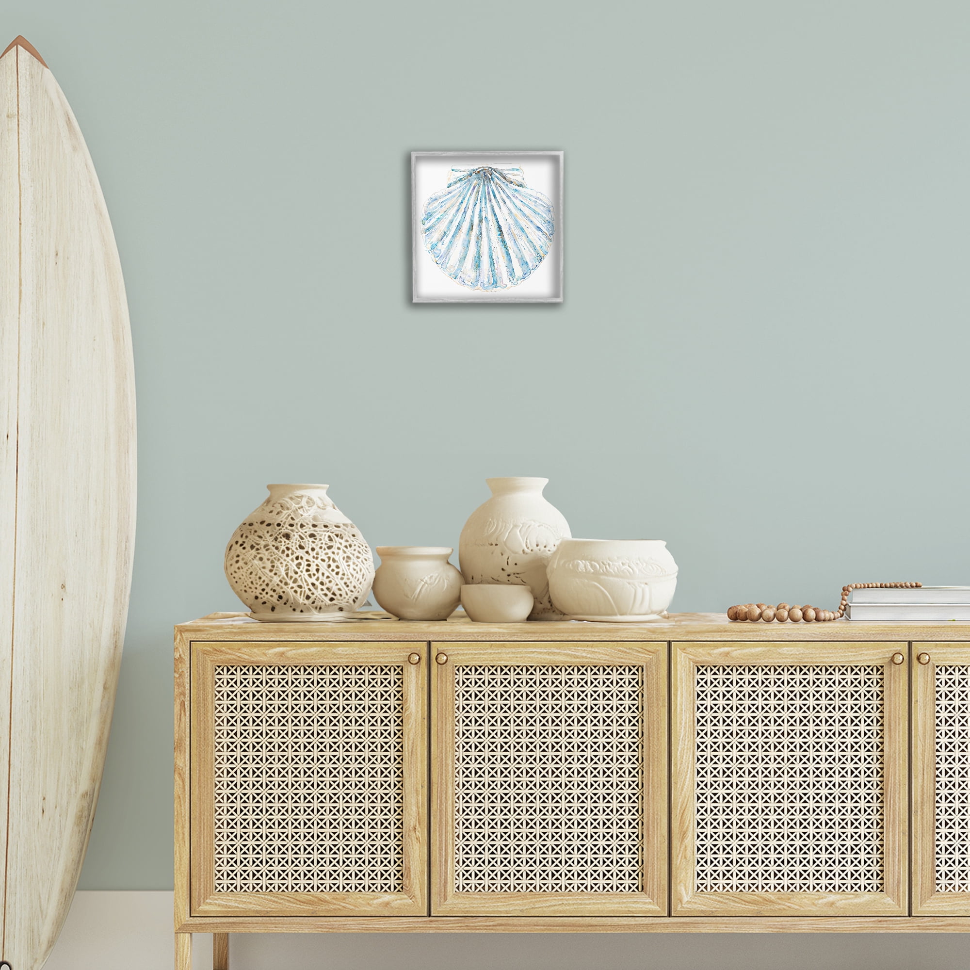 Stupell Industries Clam Shell on White Coastal Painting Gray Framed Art Print Wall Art, 12 x 12
