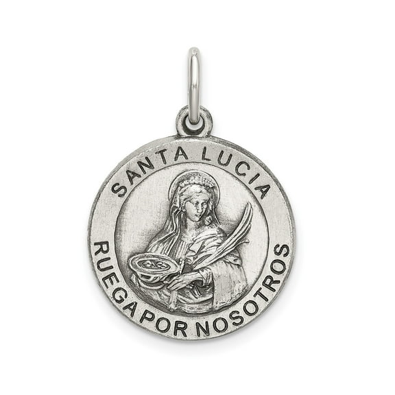 Sterling Silver Saint Lucia Round Pendant Necklace with Spanish Inscription, Catholic Medal for Women or Unisex, Religious Christian Spiritual Jewelry