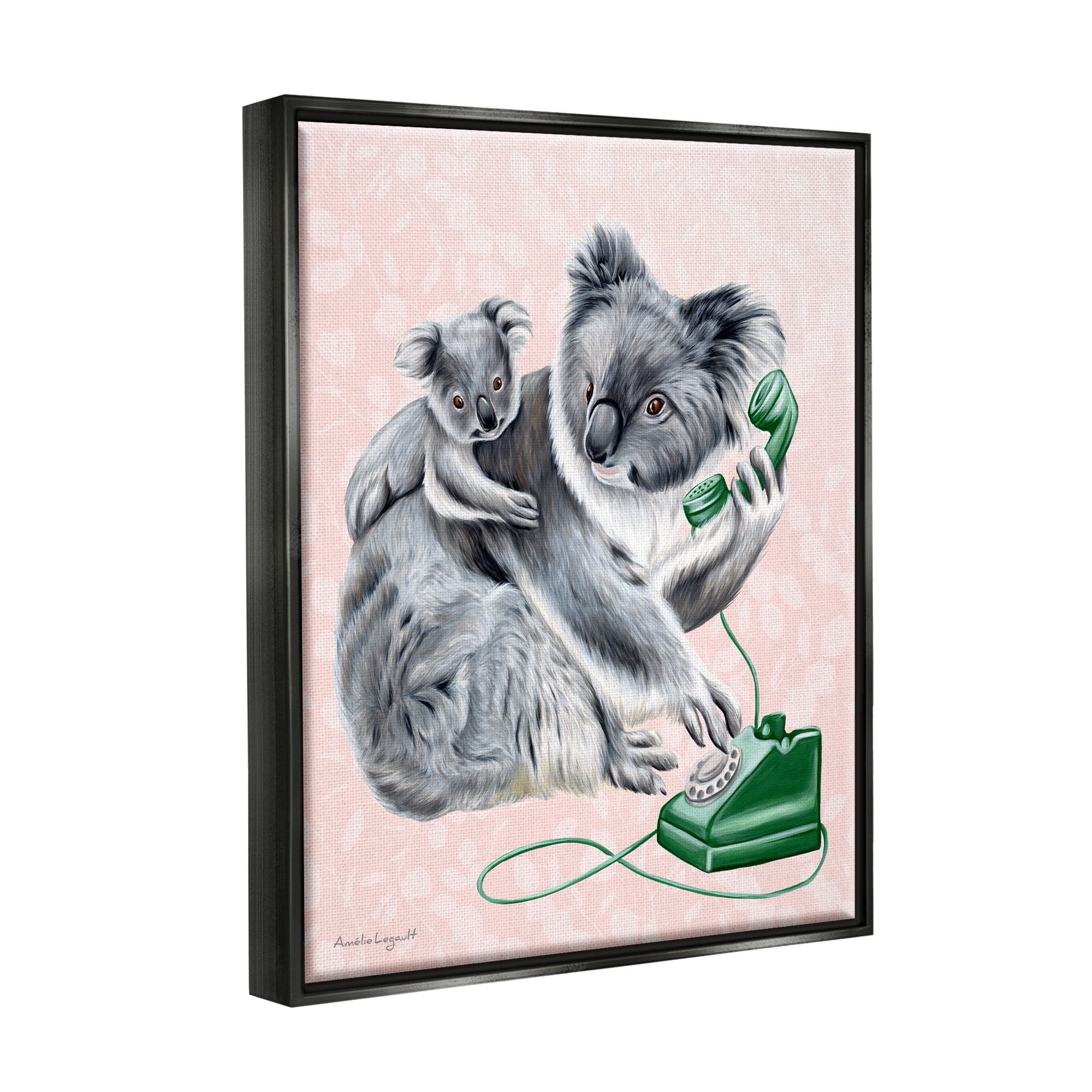 Stupell Industries Koala & Baby Green Rotary Phone Vintage Botanicals Graphic Art Metallic Gold Floating Framed Canvas Print Wall Art, Design by Amelie Legault
