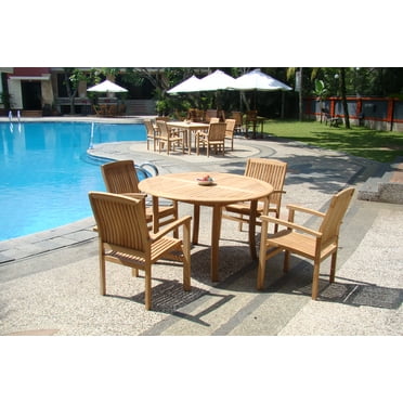 Teak Dining Set:4 Seater 5 Pc - 52" Round Table And 4 Stacking Leveb Arm Chairs Outdoor Patio ...