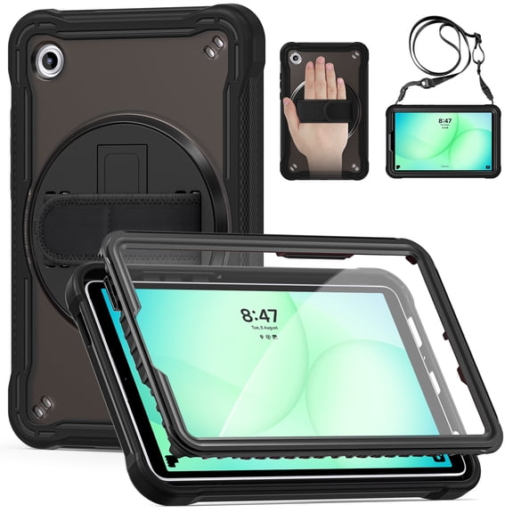 TECH CIRCLE for Samsung Galaxy Tab A11 8.7 inch (SM-X130/X133/X135) 2025 Case with Built-in Screen Protector,Shockproof TPU PC Case Hand Strap Kickstand Cover with Shoulder Strap,Black