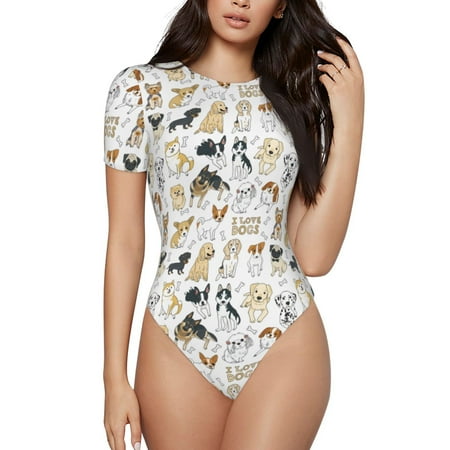 Vsdgher I Love Dogs Prinr Short Sleeve Body suit for Womens  Sexy Onesie One Piece Round Neck Bodysuit Shapewear Tummy Control-X-Large