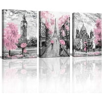 Black and White Canvas Wall Art for Living Room Bedroom Bathroom Girls Pink Paris Theme Room Decor Oil Painting Print London Big Ben Tower Eiffel Painting for Wall Decor Pink