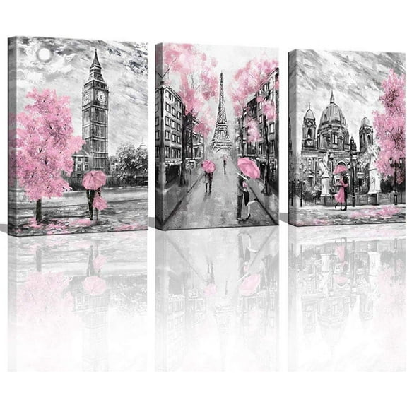 Black and White Canvas Wall Art for Living Room Bedroom Bathroom Girls Pink Paris Theme Room Decor Oil Painting Print London Big Ben Tower Eiffel Painting for Wall Decor Pink