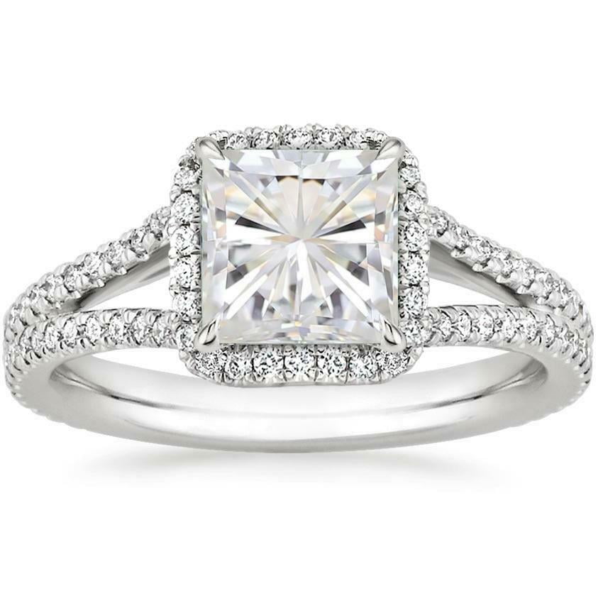 HeartsAndYou 4ct Princess Cut Moissanite Engagement Ring for Women 18k White Gold over Silver Halo Split Shank
