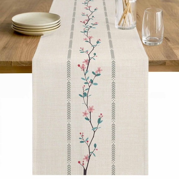 Beige Flower Branch Table Runner - 48 Inch Long Spring Summer Farmhouse Botanical Cotton and Linen Blended Dress Scarves Farmhouse Table Runner for Kitchen Dining, Coffee Table, 13" x 48"