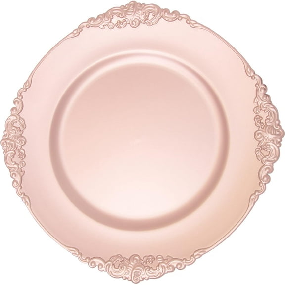 Simply Elegant Filigree Edge Plastic Charger Plate | Service Plate for Parties, Dinner, Weddings, Quinceaneras and Events | 13 inch Diameter | Blush | Set of 12