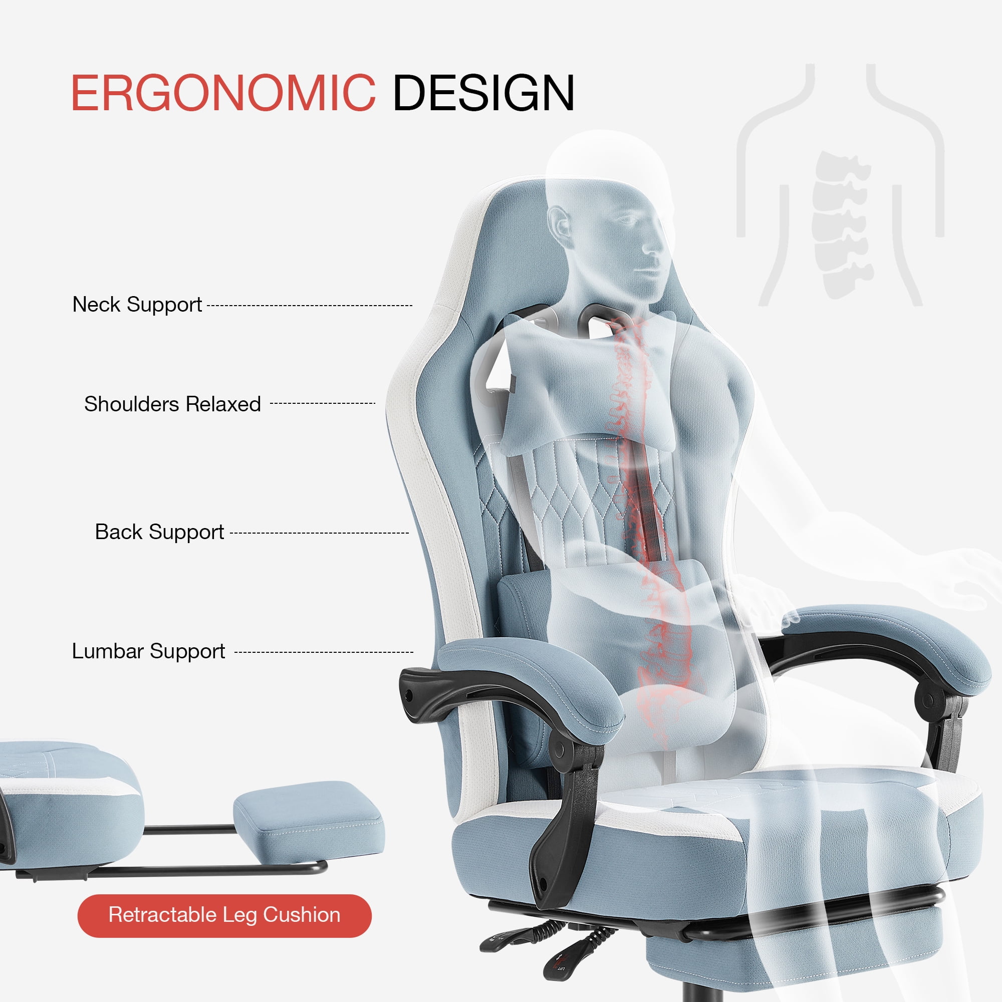 MCQ Computer Gaming Task Chair, High Back Ergonomic with Linkage Armrests, Footrest and Lumbar Support, 360° Swivel Wheels, Blue