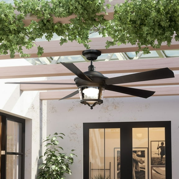 Luxury Modern Farmhouse Indoor / Outdoor Ceiling Fan, 19.5''H x 52''W, with Transitional Style Elements, Craftsman Design, Black Iron Finish and Clear Hammered Glass, UHP9181