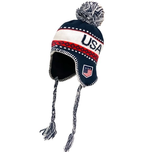 Just 4 Kicks USA Knit Beanie with Pom, Ear Flaps and Fleece Lining, One Size, Winter Ski Hat