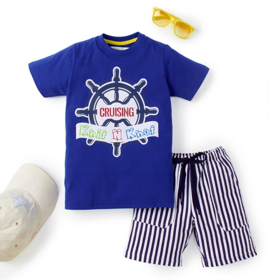Knit N Knot Boys' Nautical Wheel Printed Cotton T-shirt with Shorts | Casual Cotton Combo Set for Kids | Blue | 1 set