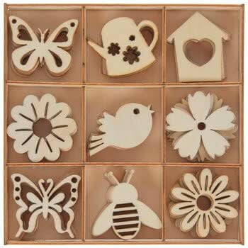Spring Mini Icons Wood Shape Embellishments - Birds, Flowers, Butterflies, Bees, and More - 54 Pieces