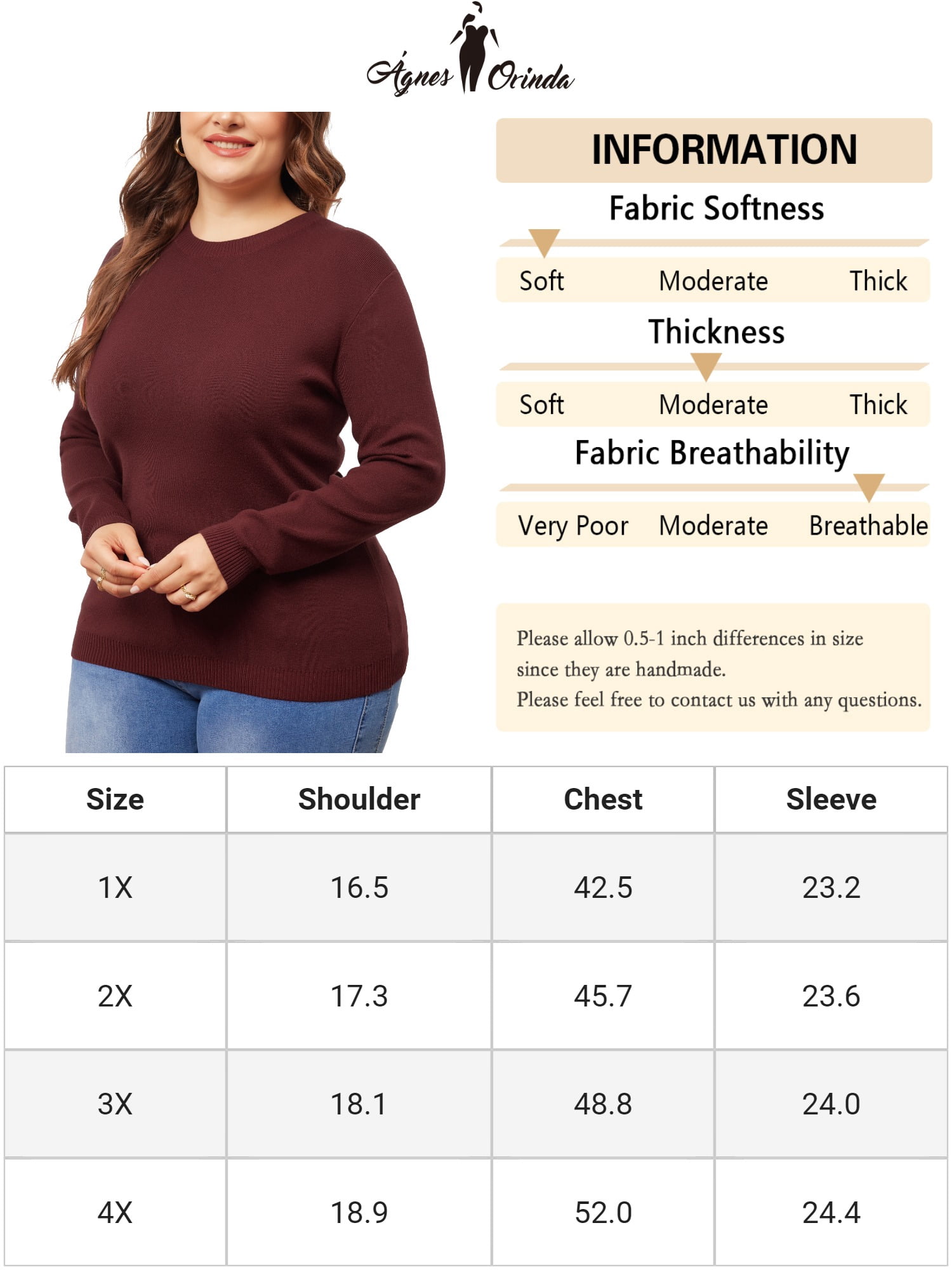 DARING DIVA Plus Size Long Sleeve Crewneck Sweater Fall Casual Tops 3X Burgundy