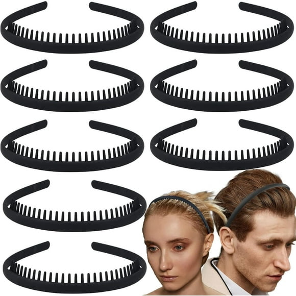 8 PCS Non Slip Fashion Effortless Plastic Headbands with Teeth Comb Skinny Hair Accessories Bands for Women Men Teen Girls, Short Teeth Matte Black