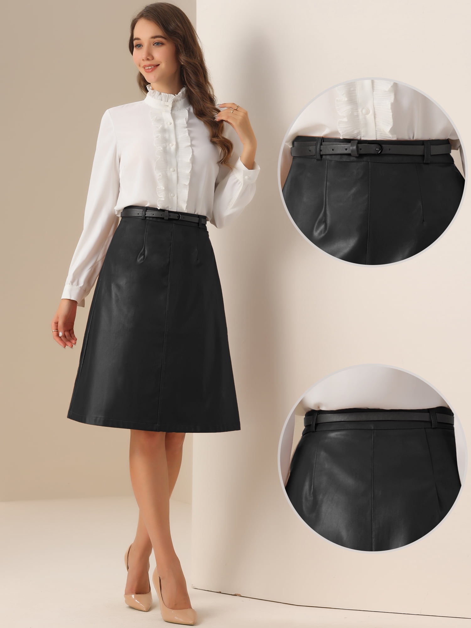 DARING DIVA Women A-Line High Waist PU Faux Leather Belted Midi Skirt XL Black