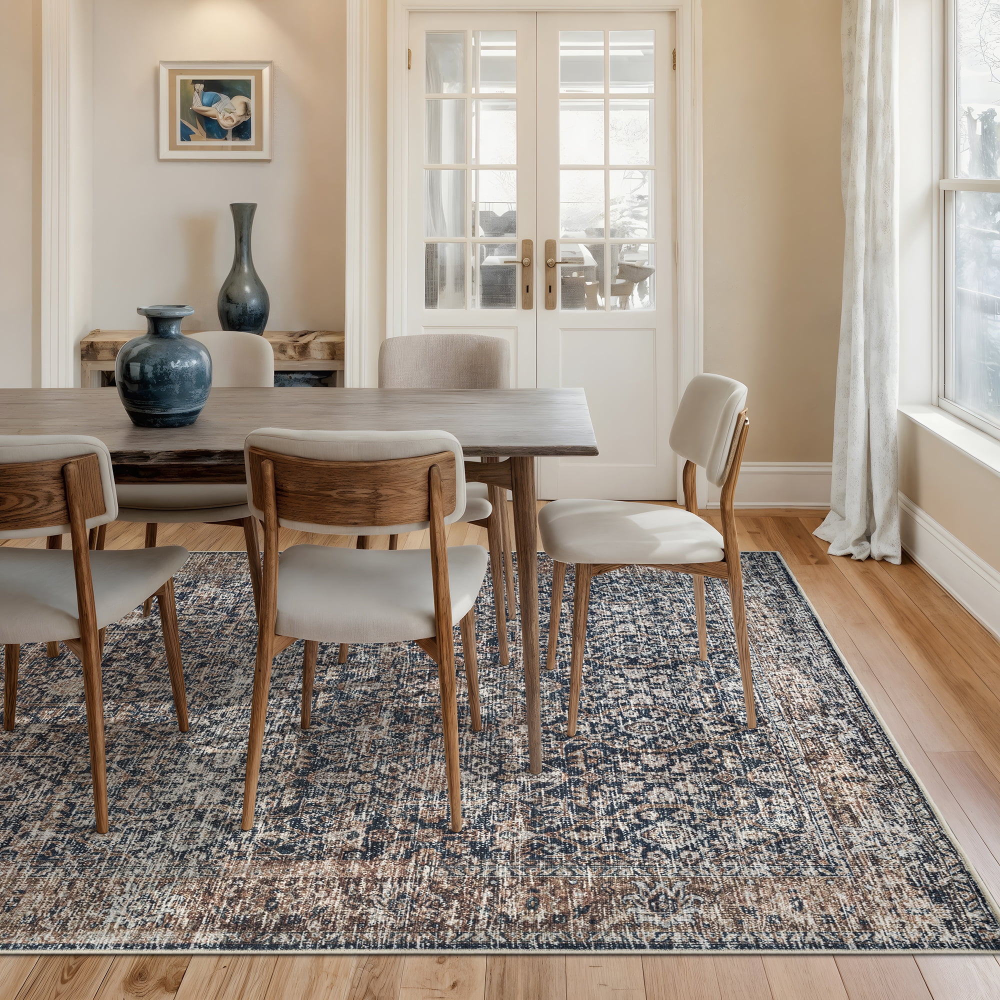 Bloom Rugs Washable Non-Slip 10x14 Rug - Dark Blue / Tan Traditional Oriental Area Rug for Living Room, Bedroom, Dining Room, and Kitchen - Exact size: 10' x 14'