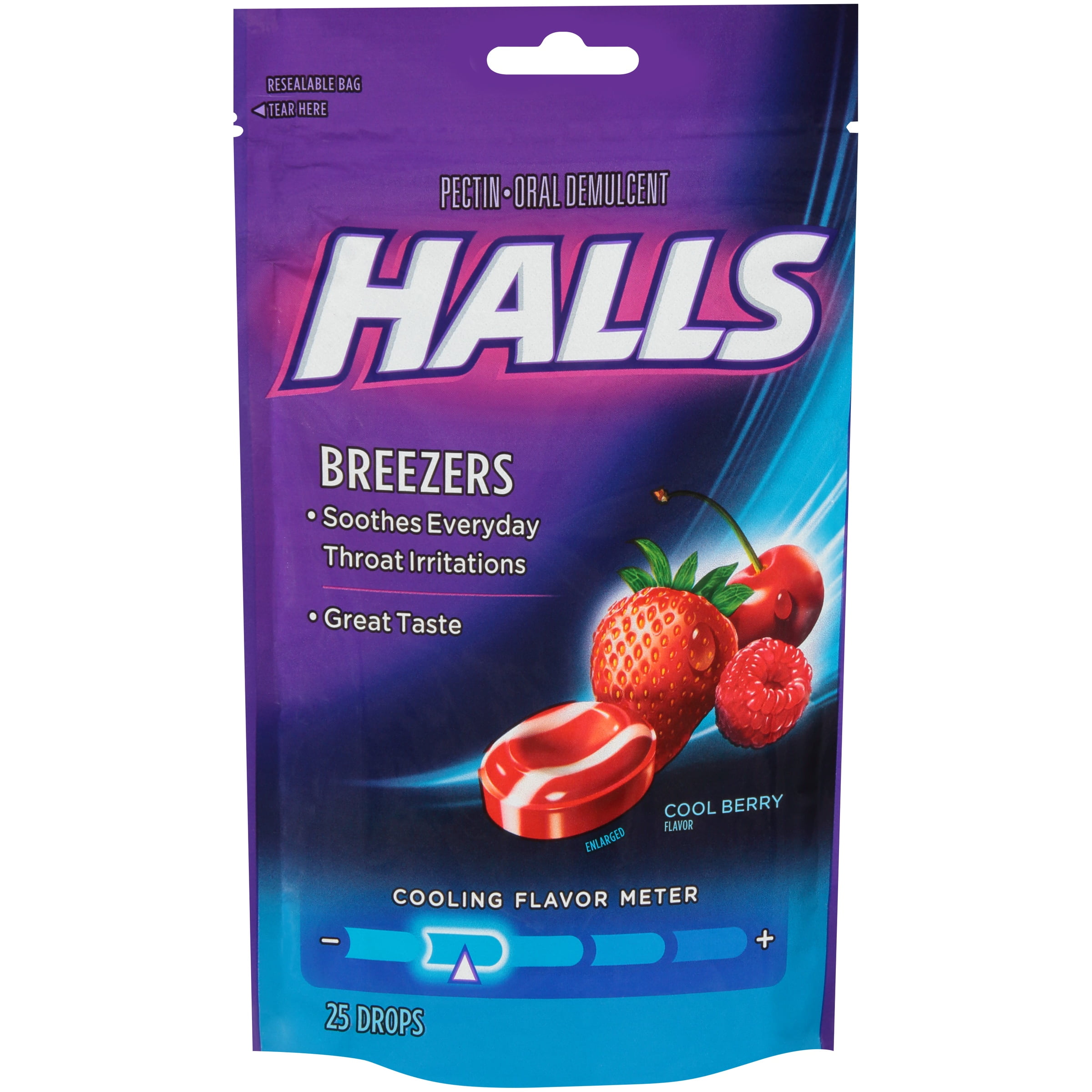 Halls Breezers Cool Berry NonMentholated Pectin Throat Drops, 25 Ct