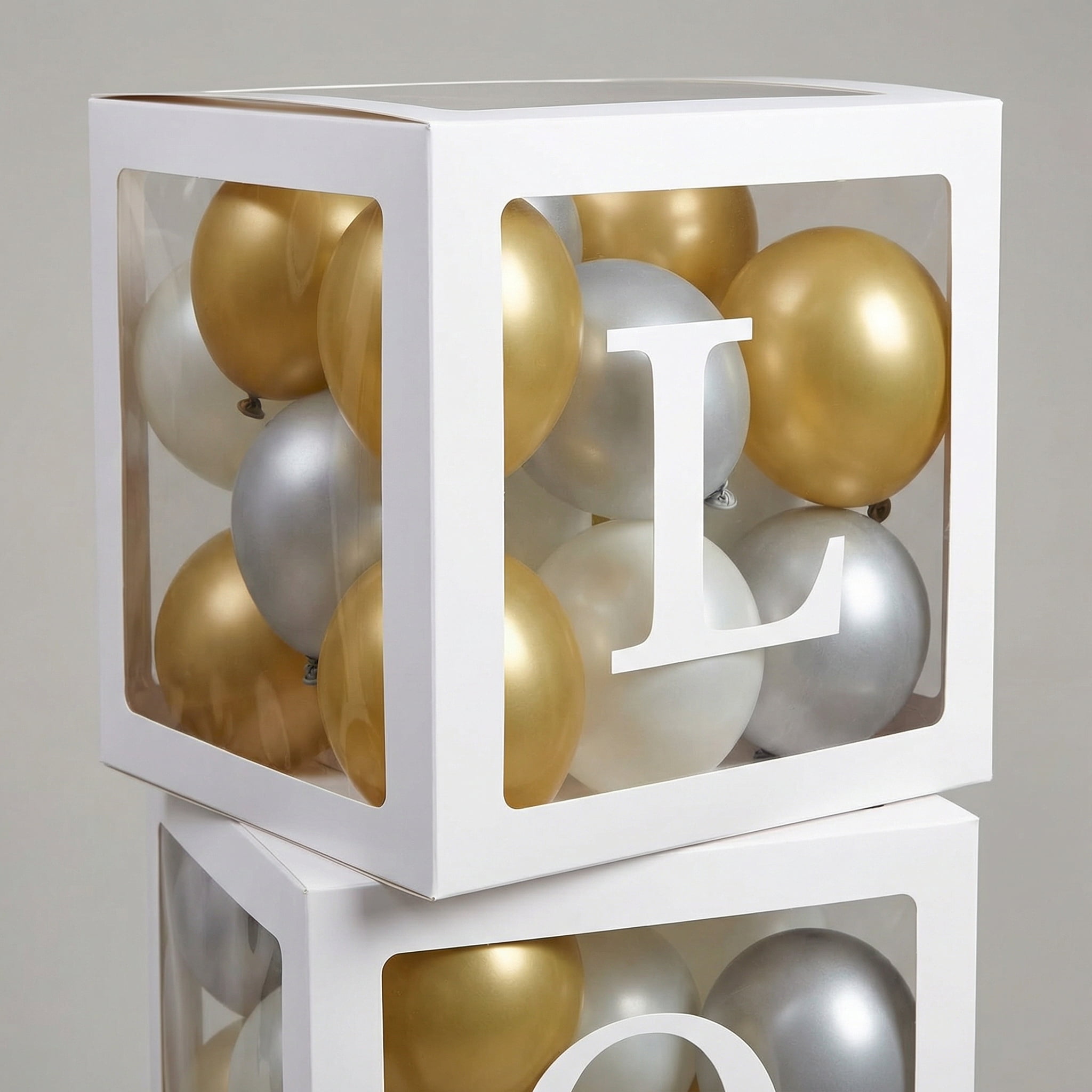 Love Balloon Boxes Set of 5 with 65 Gold & Silver Latex Balloons, 11.75in Cardstock Party Decoration Boxes, Easy Assemble for Birthday, Wedding, Engagement, Anniversary