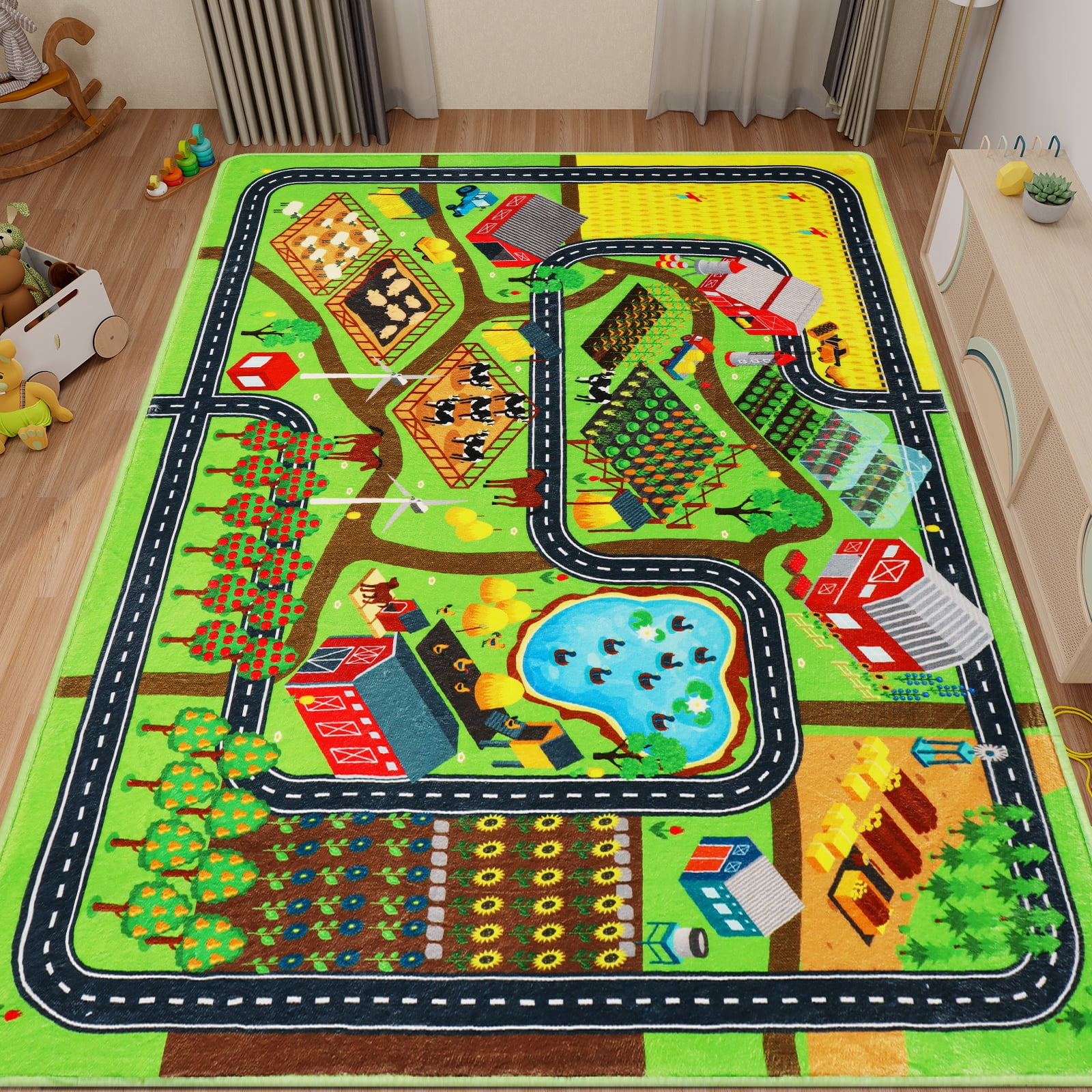 Kids Rug Play Rug for Toy Cars, 6.6'×5' Farm Life Road Traffic for Playroom Kid Car Road Mat Village Map Play Mat Non-Slip Washable Carpet for Boy Family Tummy Time Playtime