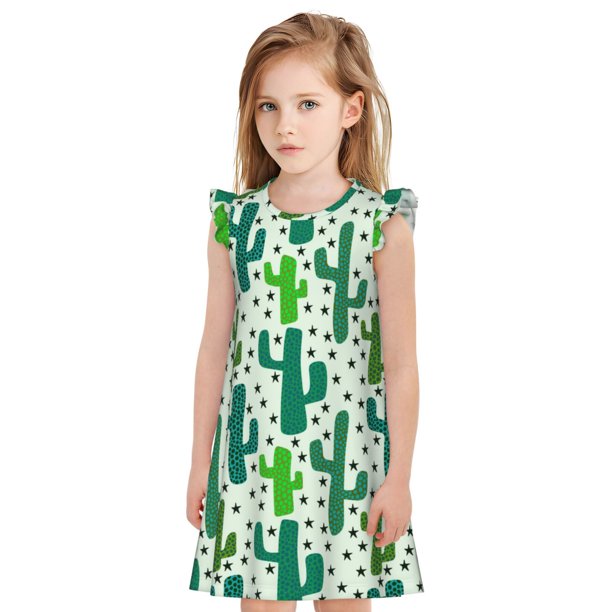 Fotbe Cactus 1 Vestido de Dormir para Niñas de 3 a 10 Años, Mangas Cortas, Estilo Princesa, Pijama Camisón con Mangas Voladas-Medium