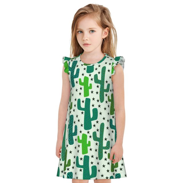 Fotbe Cactus 1 Vestido de Dormir para Niñas de 3 a 10 Años, Mangas Cortas, Estilo Princesa, Pijama Camisón con Mangas Voladas-X-Large