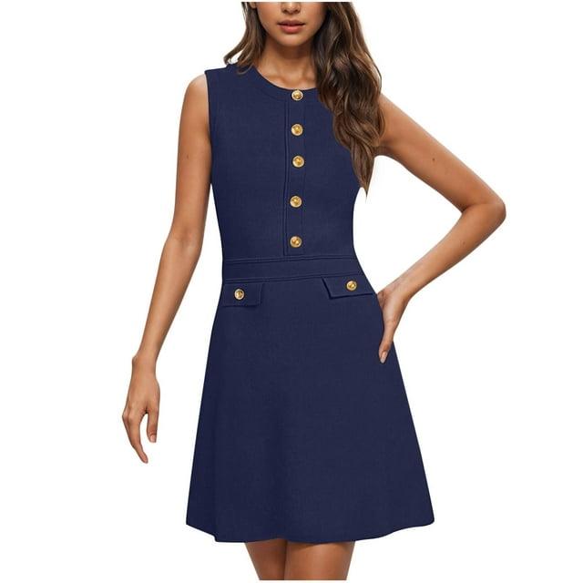 VEKDONE Womens Solid Color Round Neck Sleeveless Decorate Button Cultivate Oneself Work Sundress Navy M