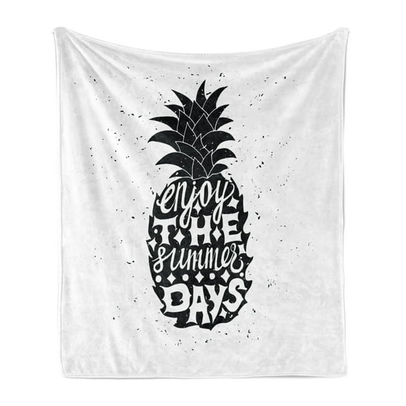 Tropical Soft Flannel Fleece Throw Blanket, Slogan on a Exotic Pineapple Indigenous Hawaiian Fruit Pattern, Cozy Plush for Indoor and Outdoor Use, 50" x 60", Black and White, by Ambesonne